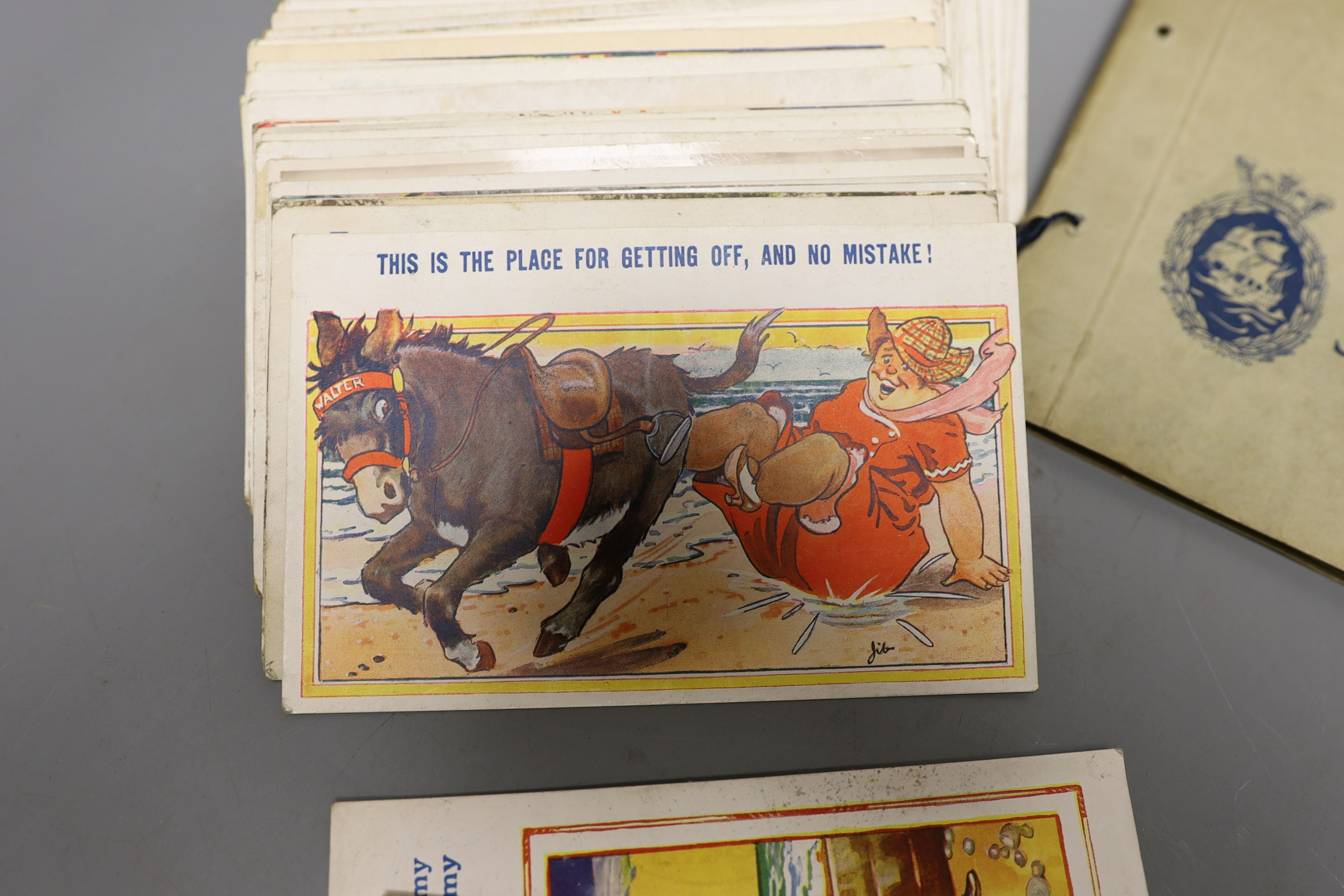 Assorted humorous postcards and cigarette cards, to include D. Tempest, Agnes Richardson, Reg Arter and others